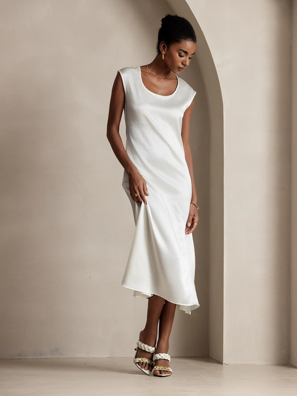 19Momme Silk Cap Sleeve Round Neck Midi Dress - Image 27