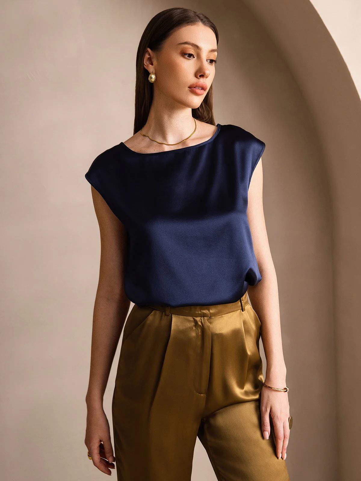 19Momme Silk Cap Sleeve Round Neck Women's Top - Image 17