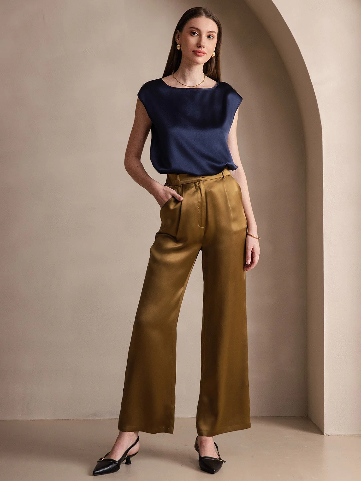 19Momme Silk Cap Sleeve Round Neck Women's Top - Image 22
