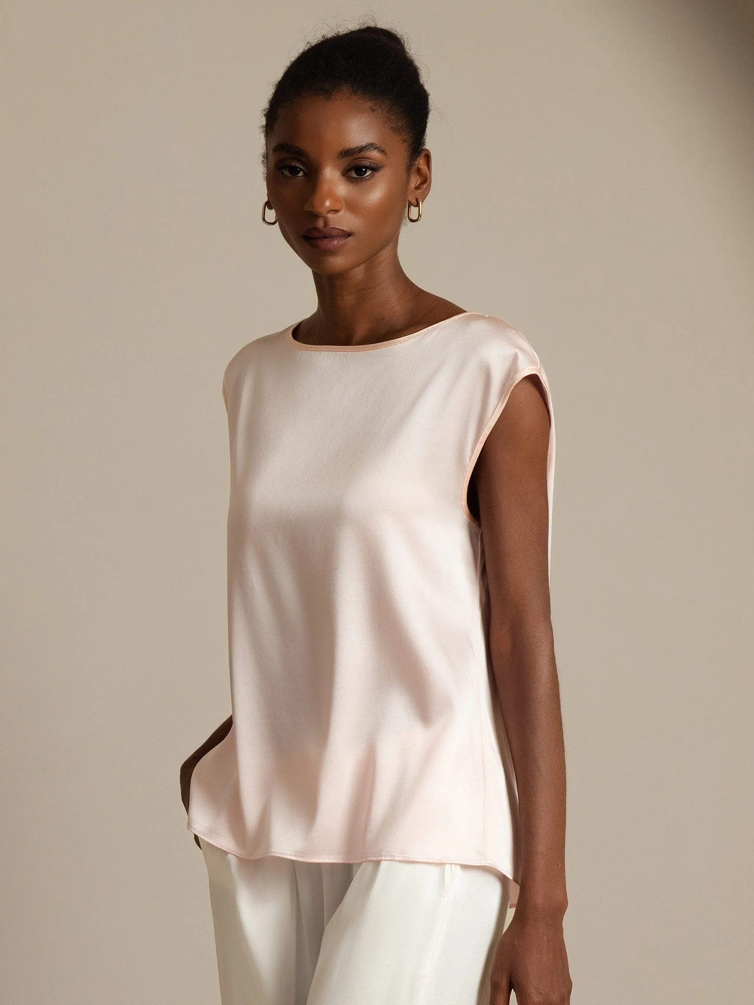 19Momme Silk Cap Sleeve Round Neck Women's Top - Image 51