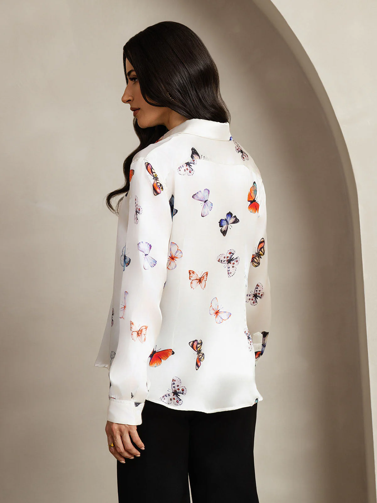 19Momme Silk Butterfly Print Long Sleeve Lapel Collar Women's Shirt - Image 2