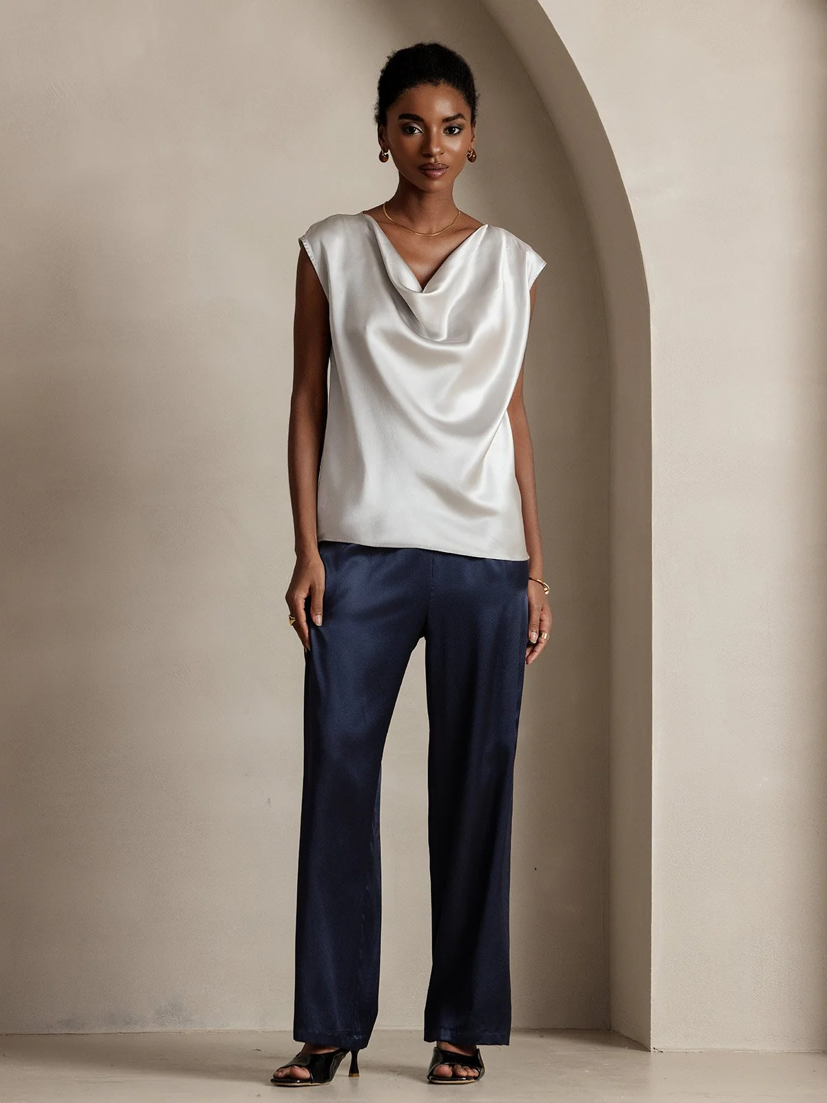 19Momme Silk Cap Sleeve Cowl Neck Women's Top - Image 10
