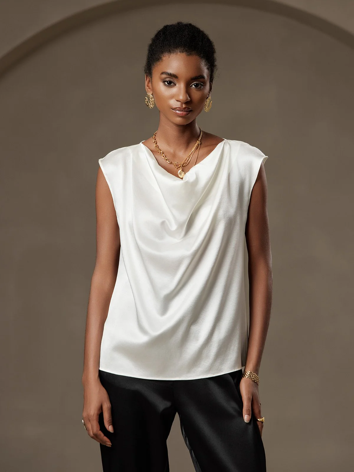 19Momme Silk Cap Sleeve Cowl Neck Women's Top - Image 14