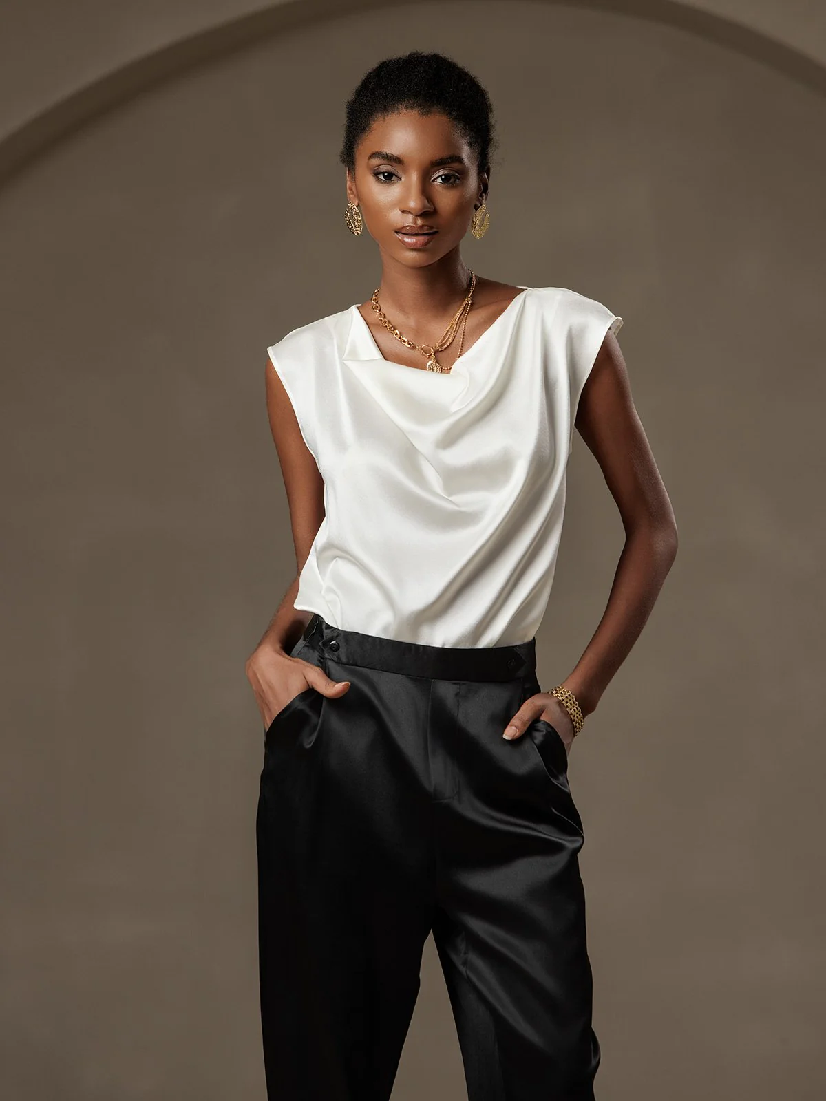 19Momme Silk Cap Sleeve Cowl Neck Women's Top - Image 16