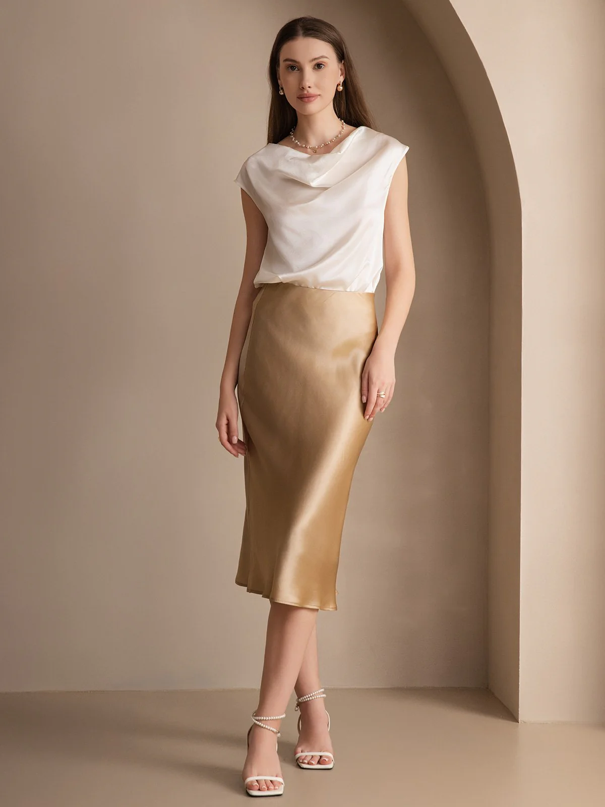 19Momme Silk Cap Sleeve Cowl Neck Women's Top - Image 19