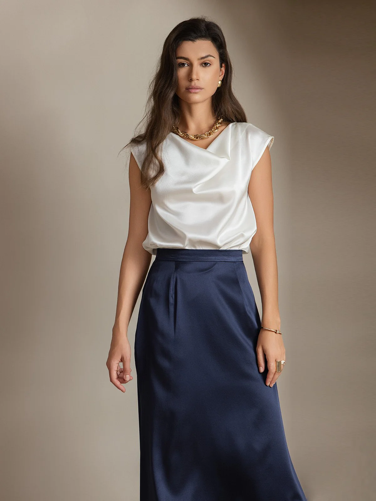 19Momme Silk Cap Sleeve Cowl Neck Women's Top - Image 21