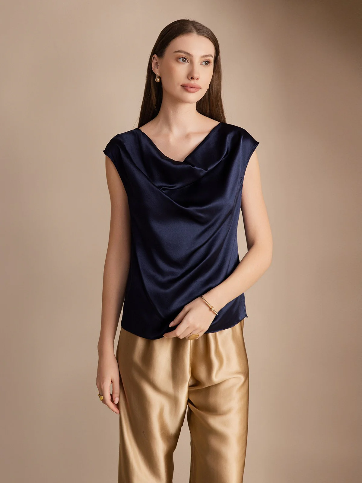 19Momme Silk Cap Sleeve Cowl Neck Women's Top - Image 22