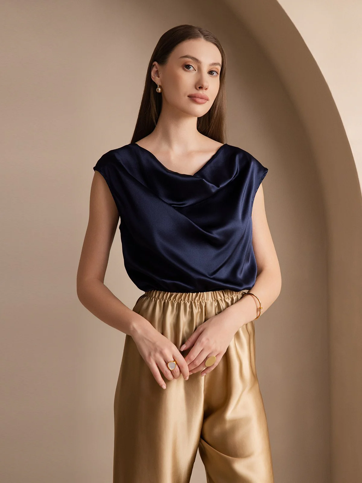 19Momme Silk Cap Sleeve Cowl Neck Women's Top - Image 24