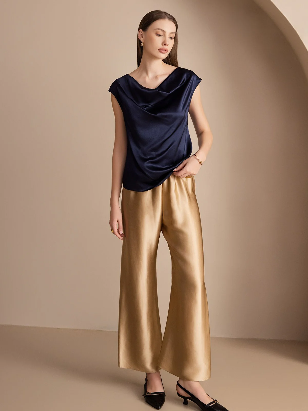 19Momme Silk Cap Sleeve Cowl Neck Women's Top - Image 25