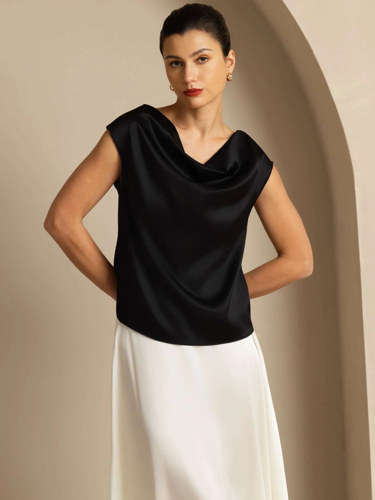19Momme Silk Cap Sleeve Cowl Neck Women's Top - Image 32