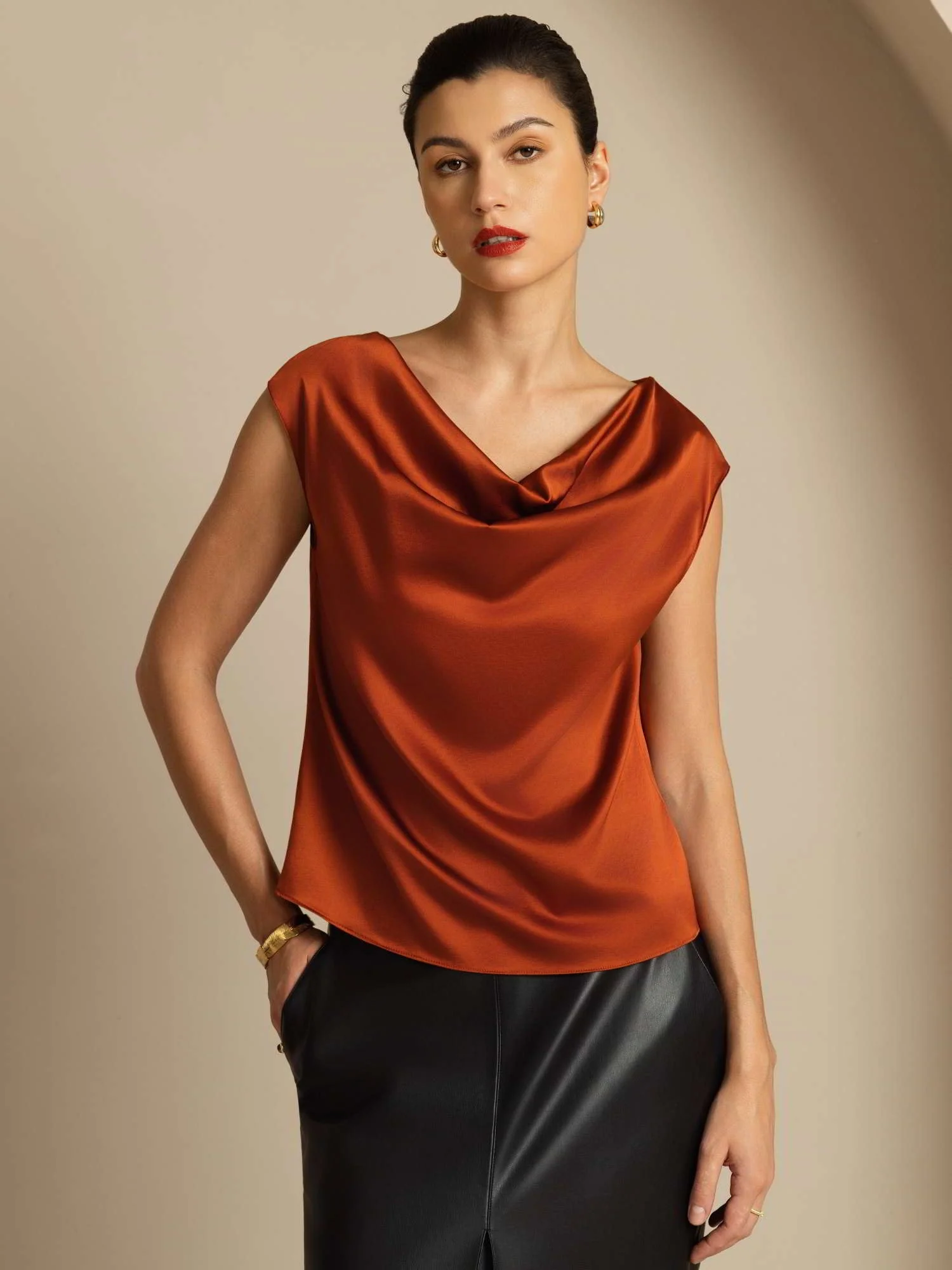 19Momme Silk Cap Sleeve Cowl Neck Women's Top - Image 36