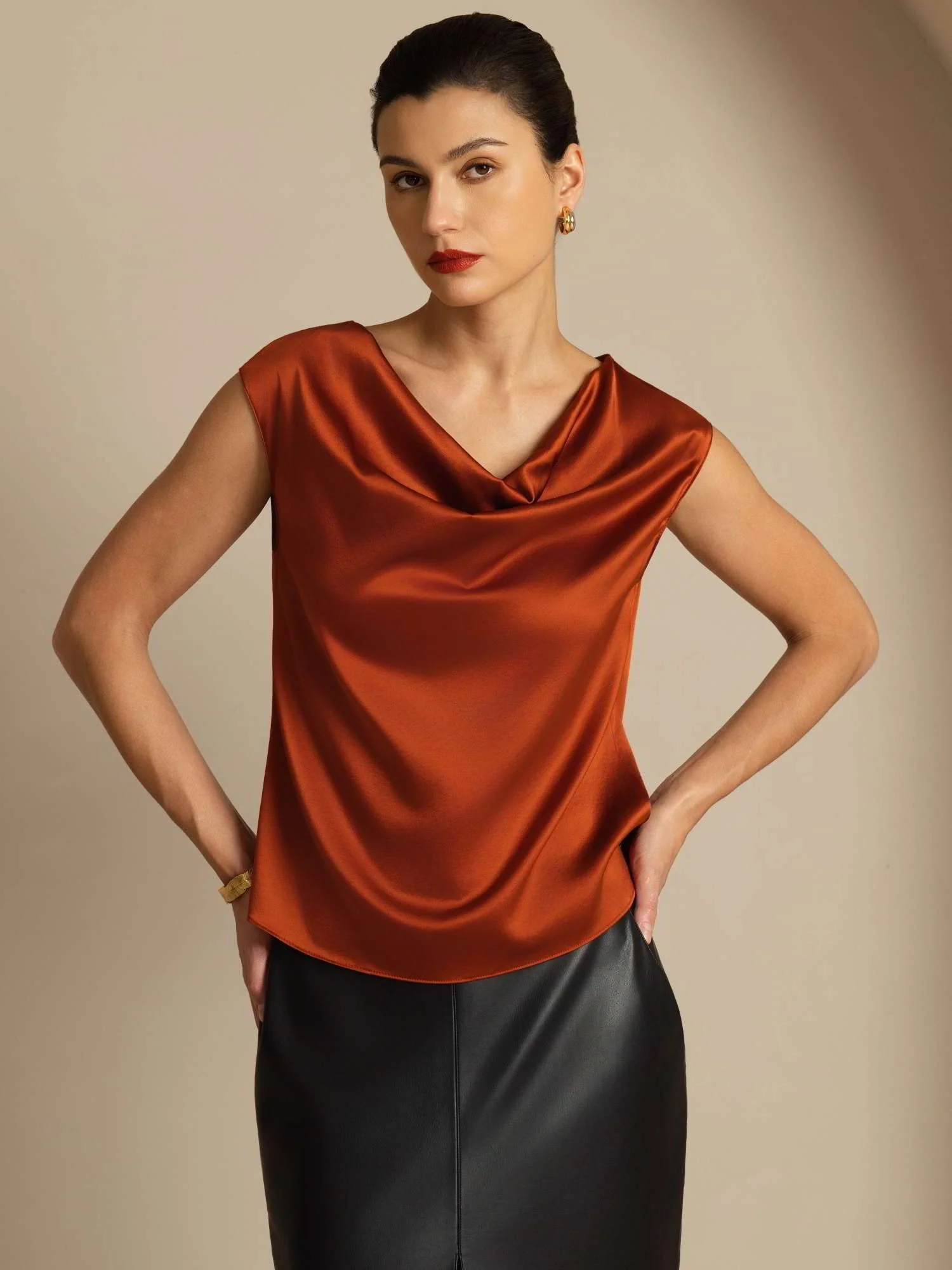 19Momme Silk Cap Sleeve Cowl Neck Women's Top - Image 39