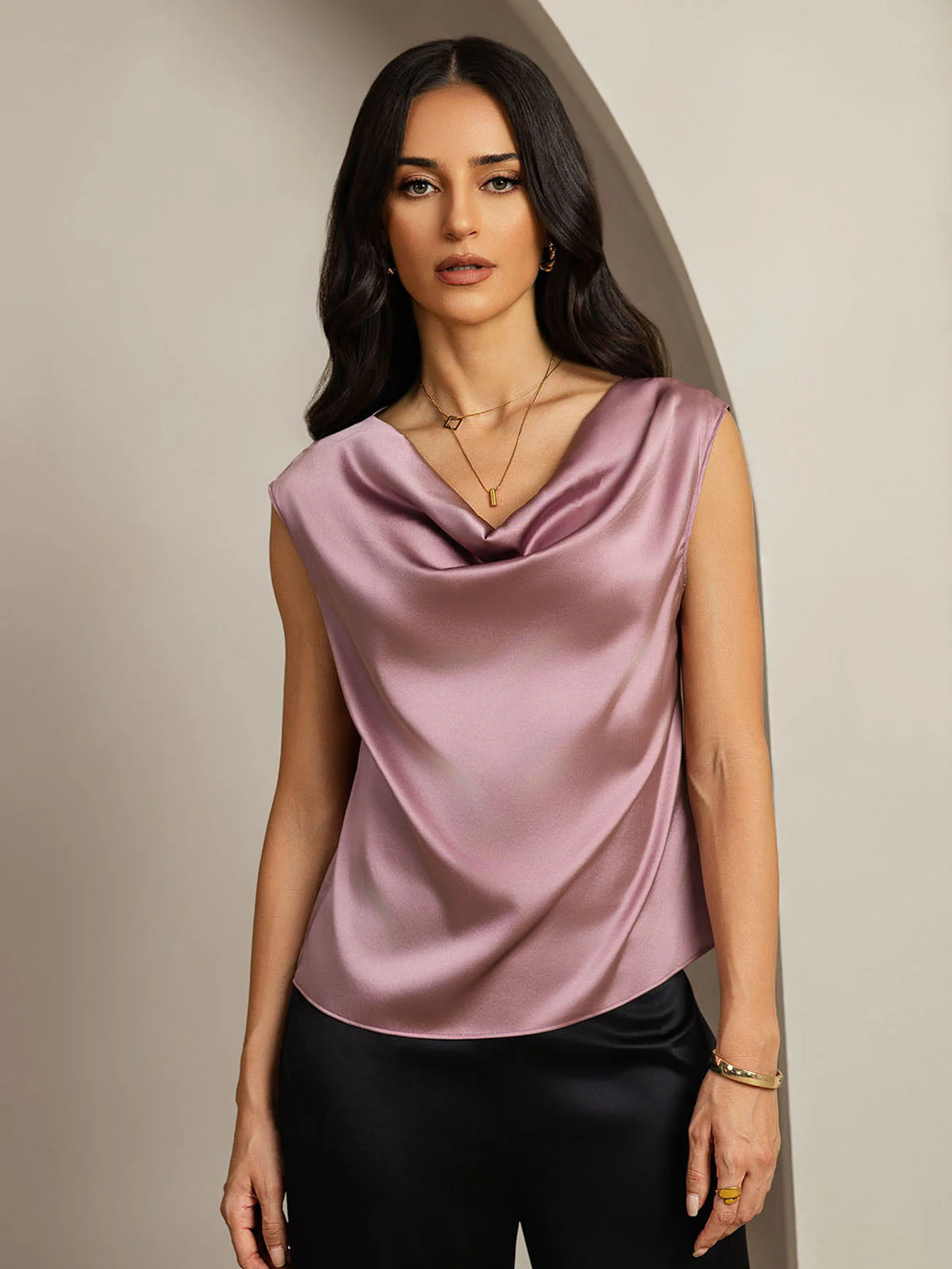 19Momme Silk Cap Sleeve Cowl Neck Women's Top - Image 4