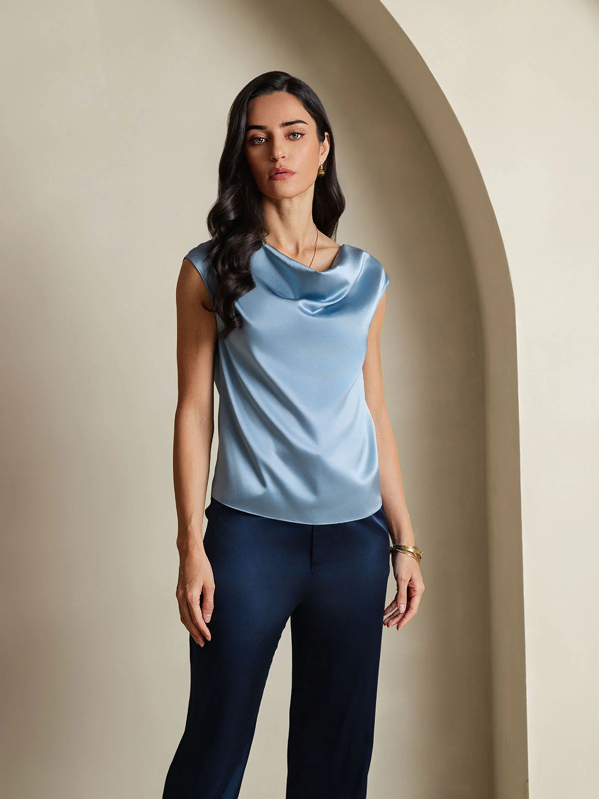 19Momme Silk Cap Sleeve Cowl Neck Women's Top - Image 44