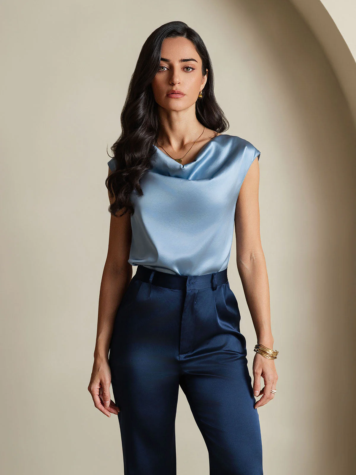 19Momme Silk Cap Sleeve Cowl Neck Women's Top - Image 46