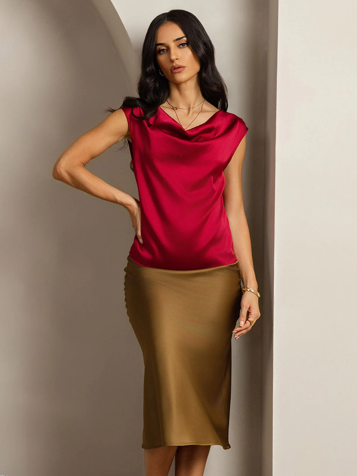 19Momme Silk Cap Sleeve Cowl Neck Women's Top - Image 52