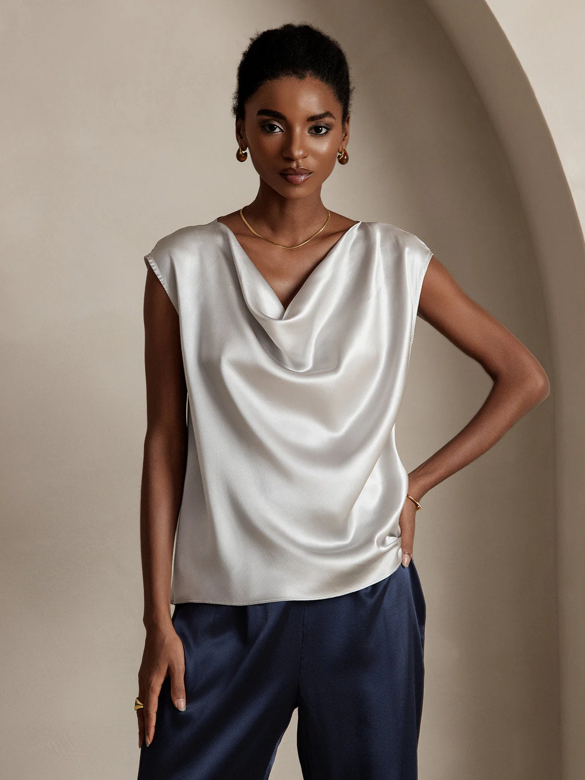 19Momme Silk Cap Sleeve Cowl Neck Women's Top - Image 6