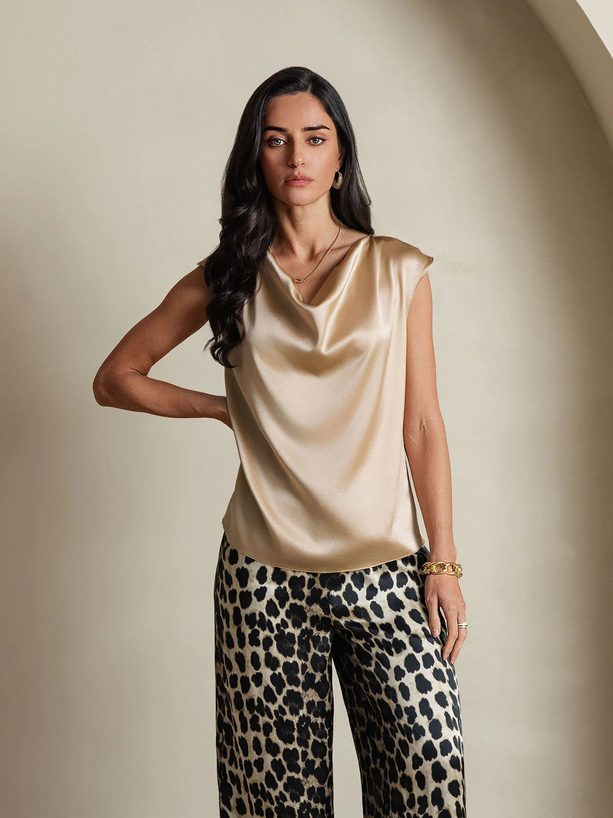 19Momme Women's Silk Cap Sleeve Cowl Neck Top - Image 10