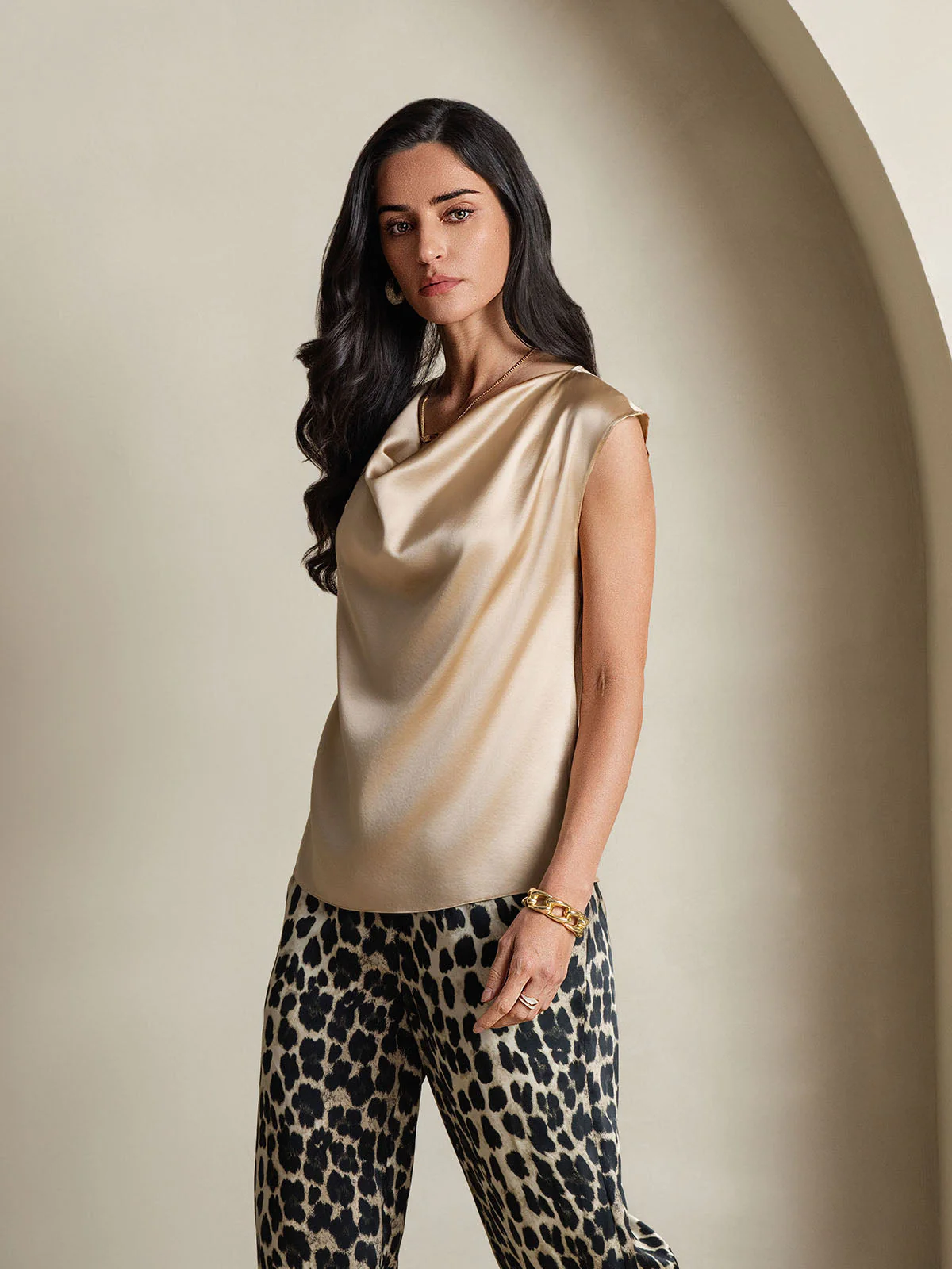 19Momme Women's Silk Cap Sleeve Cowl Neck Top - Image 12