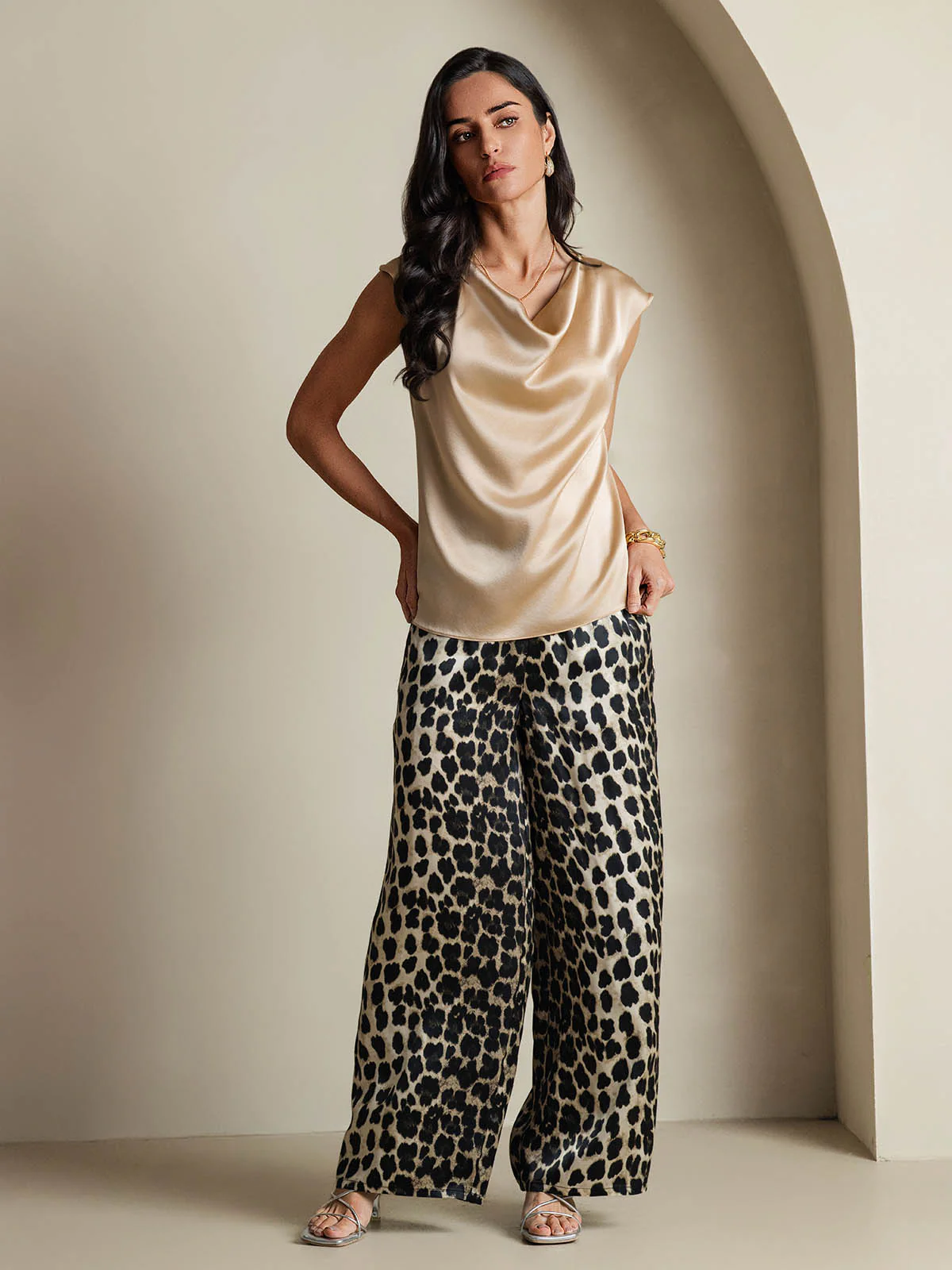 19Momme Women's Silk Cap Sleeve Cowl Neck Top - Image 14