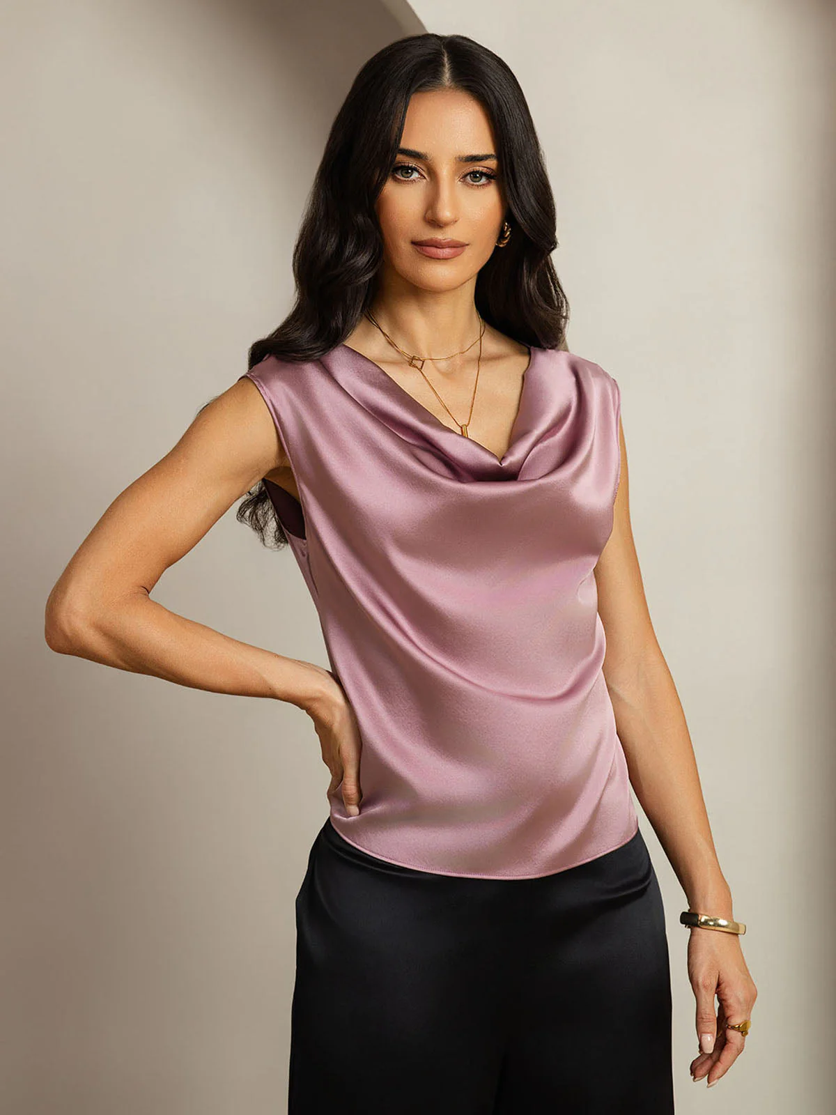 19Momme Women's Silk Cap Sleeve Cowl Neck Top - Image 27