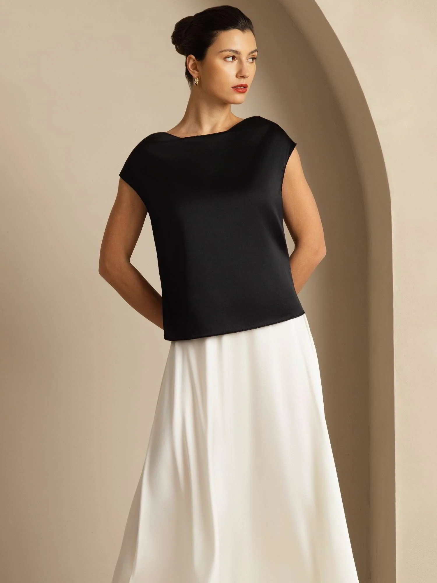 19Momme Women's Silk Cap Sleeve Cowl Neck Top - Image 36
