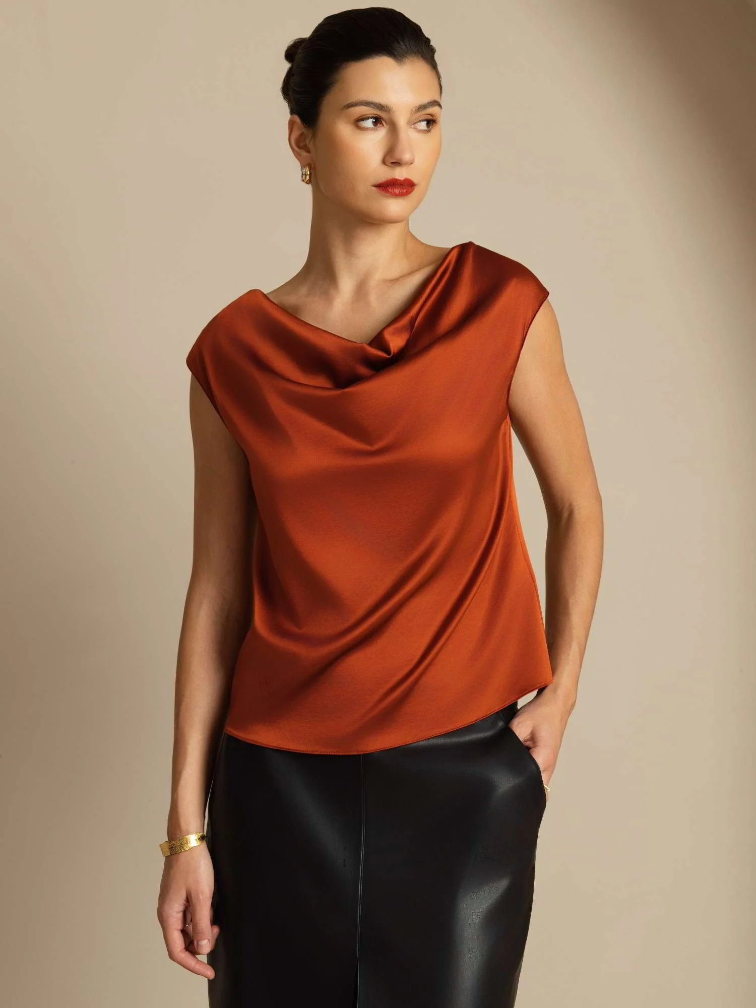19Momme Women's Silk Cap Sleeve Cowl Neck Top - Image 41