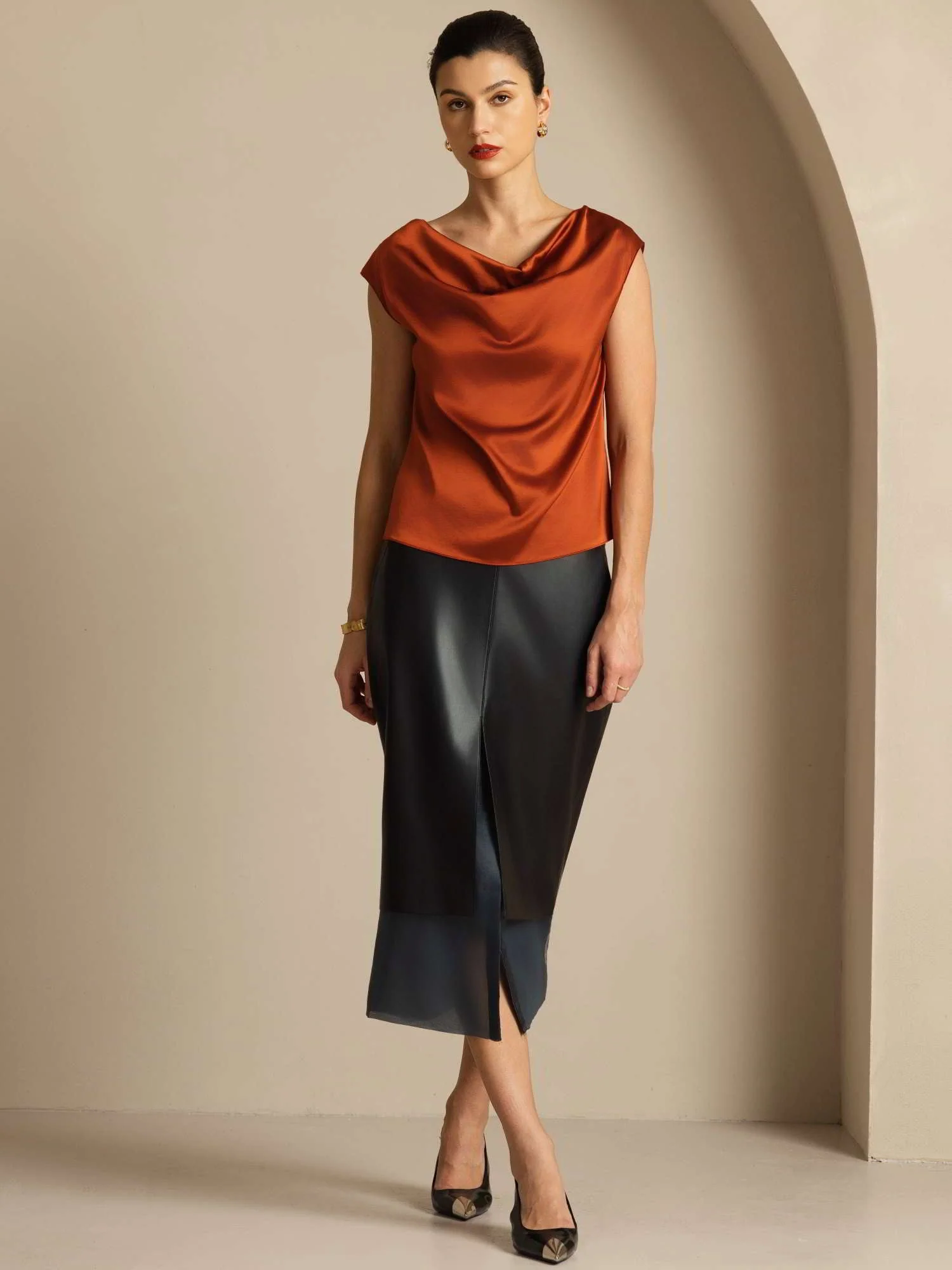 19Momme Women's Silk Cap Sleeve Cowl Neck Top - Image 43
