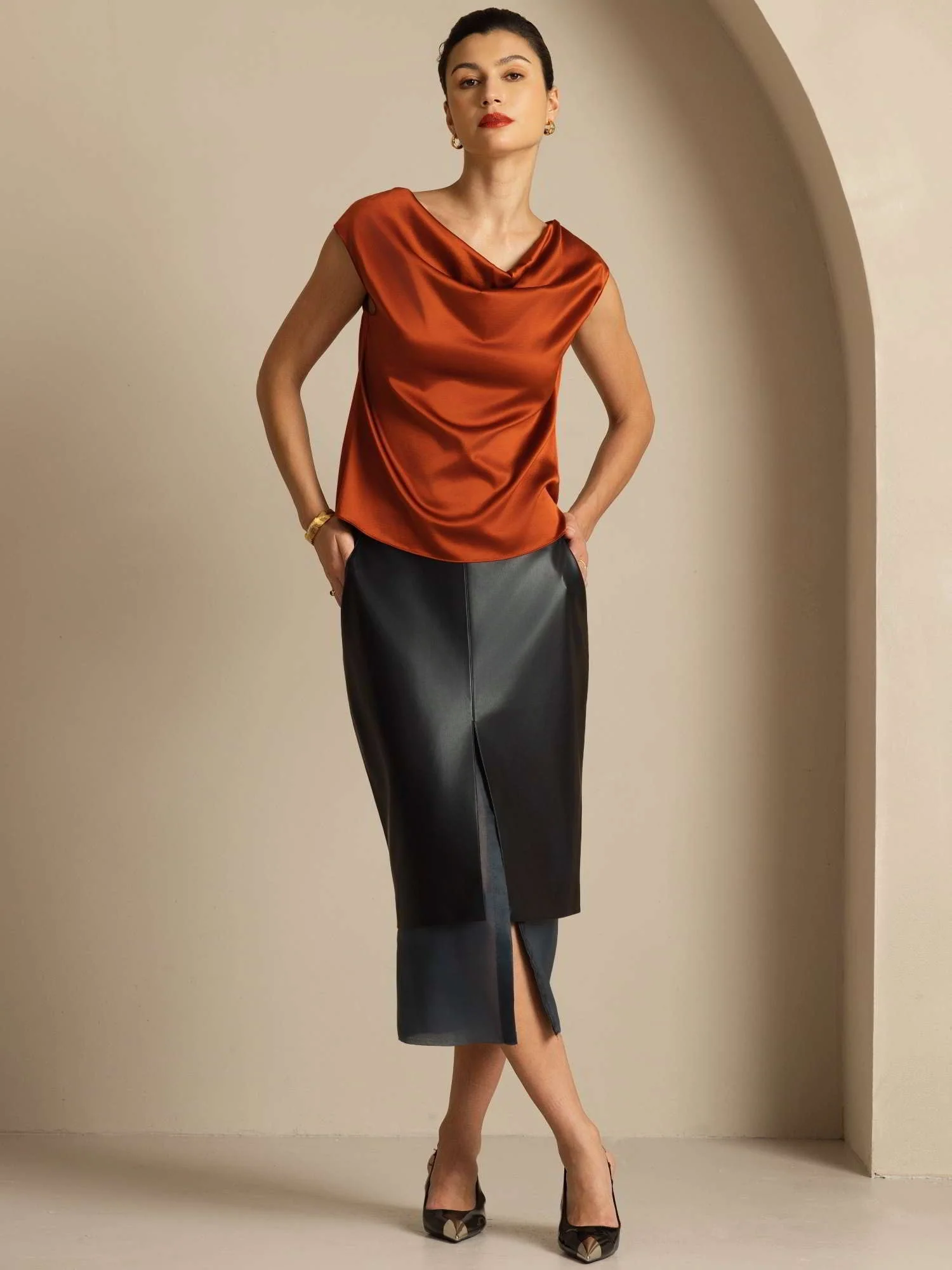 19Momme Women's Silk Cap Sleeve Cowl Neck Top - Image 44