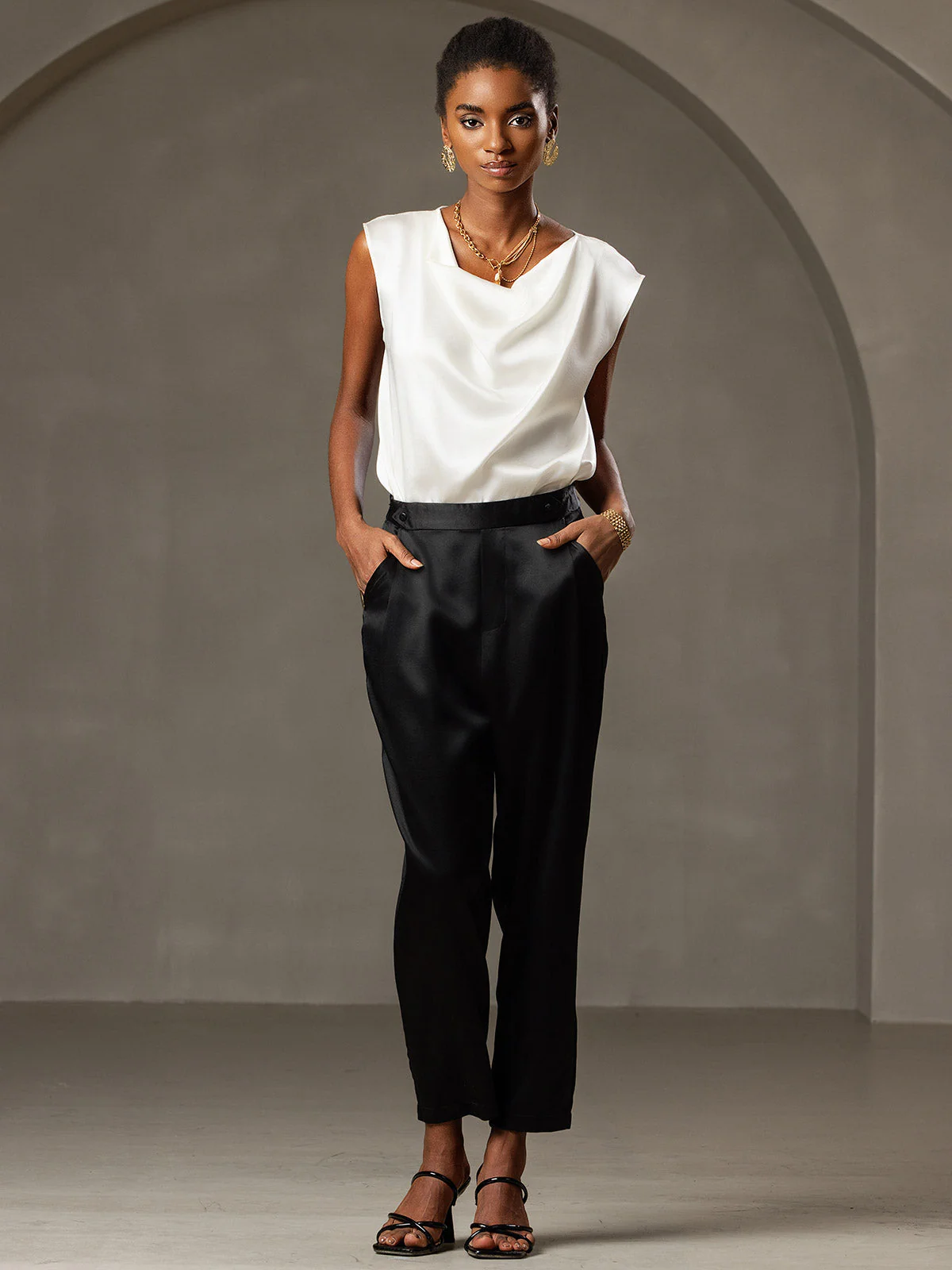 19Momme Women's Silk Cap Sleeve Cowl Neck Top - Image 6