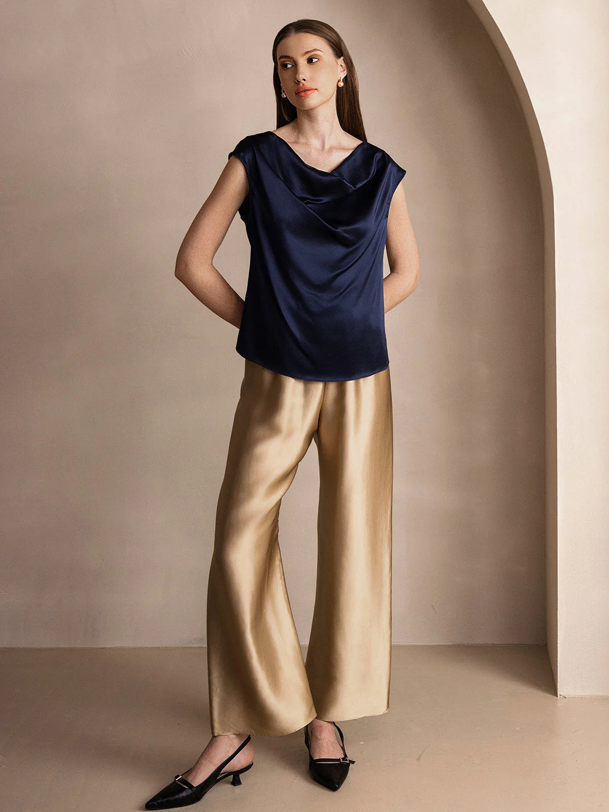 19Momme Women's Silk Cap Sleeve Cowl Neck Top - Image 67
