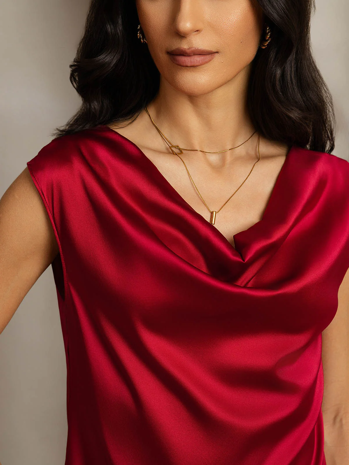 19Momme Women's Silk Cap Sleeve Cowl Neck Top - Image 72