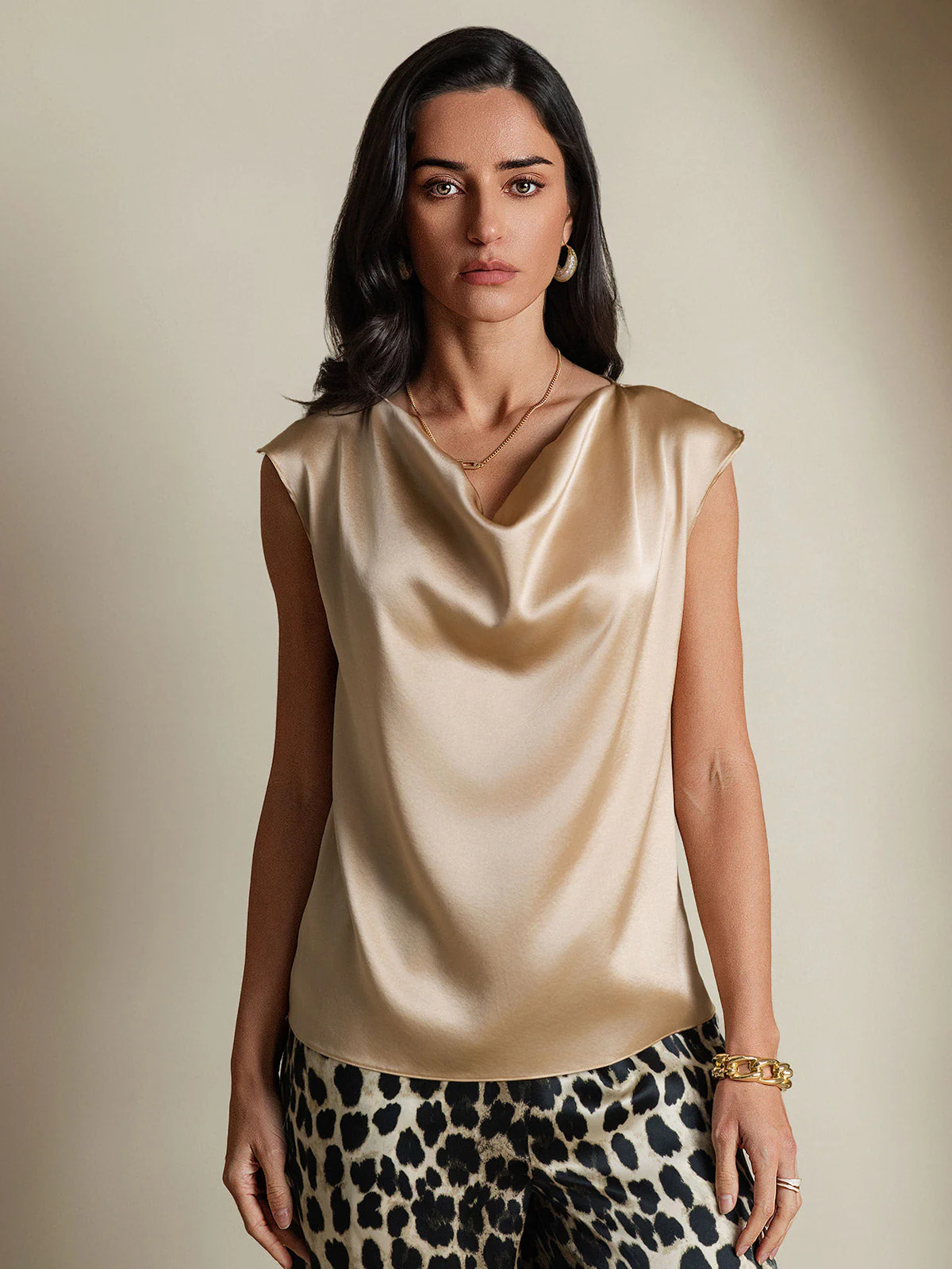 19Momme Women's Silk Cap Sleeve Cowl Neck Top - Image 8