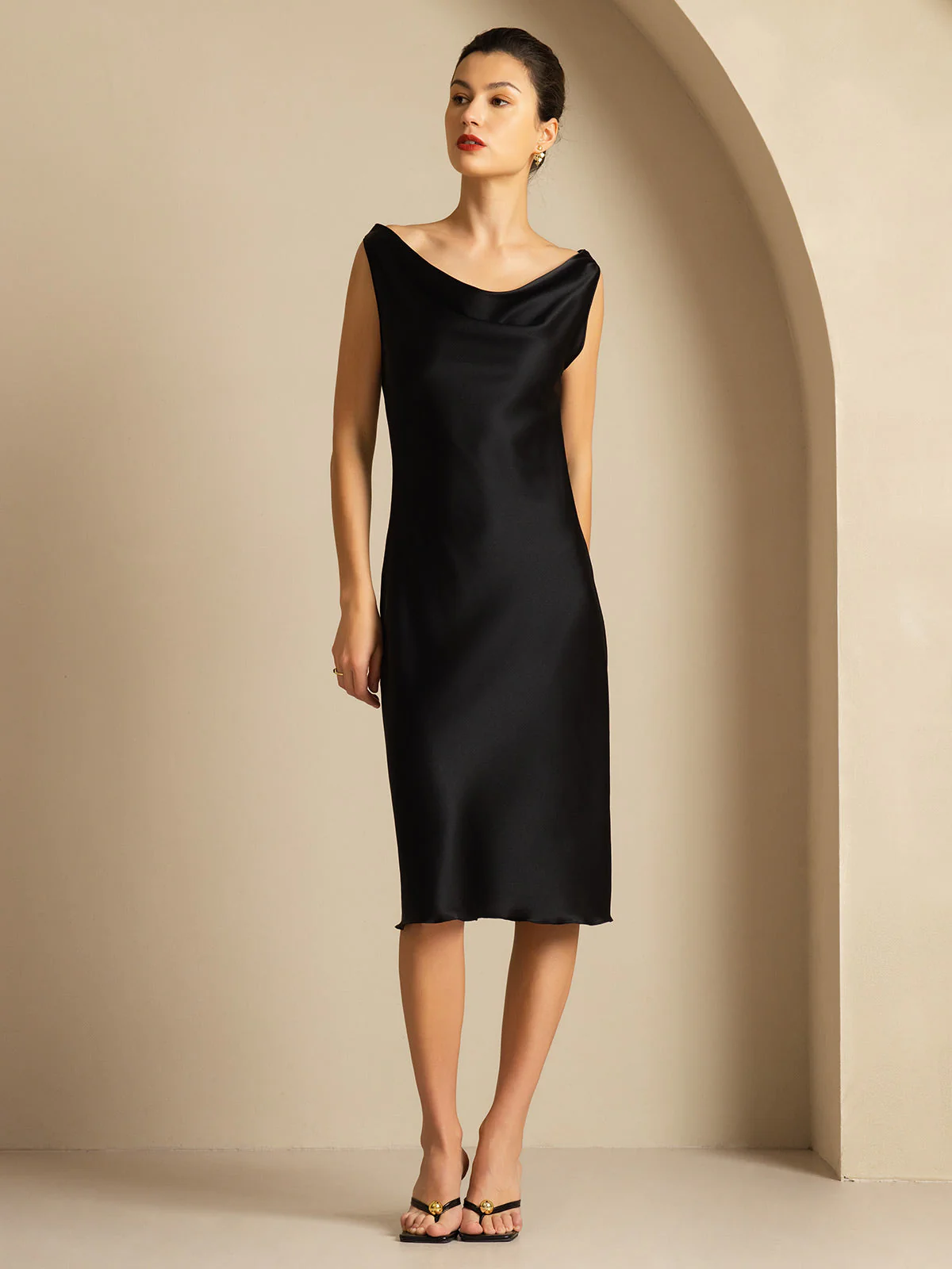 19Momme Silk Sleeveless Cowl Neck Knee Dress - Image 20