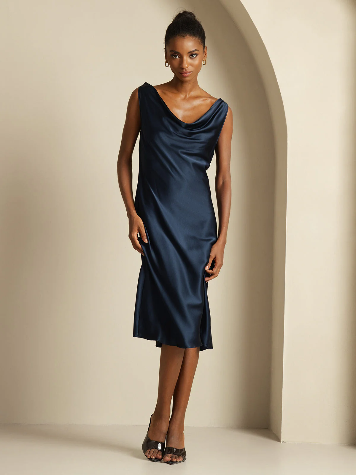 19Momme Silk Sleeveless Cowl Neck Knee Dress - Image 6