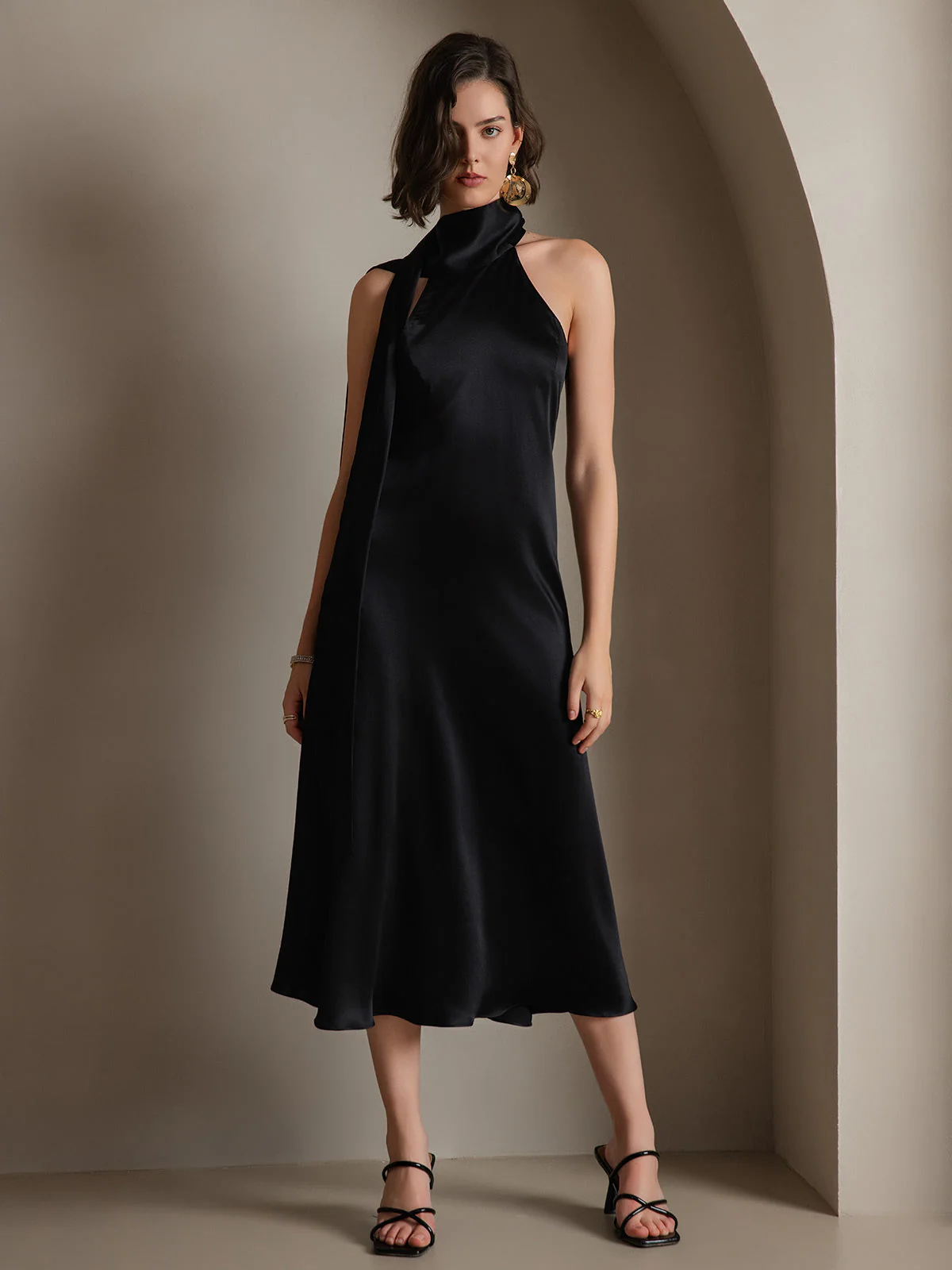 19Momme Silk Sleeveless Tie Neck Midi Dress - Image 13