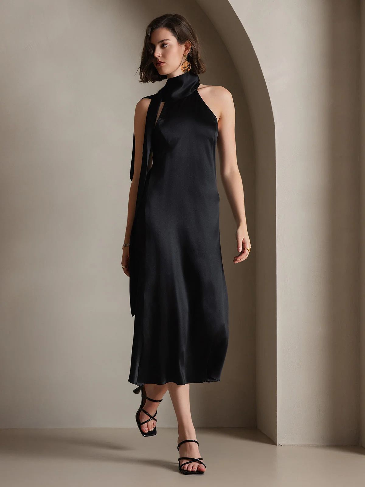 19Momme Silk Sleeveless Tie Neck Midi Dress - Image 16