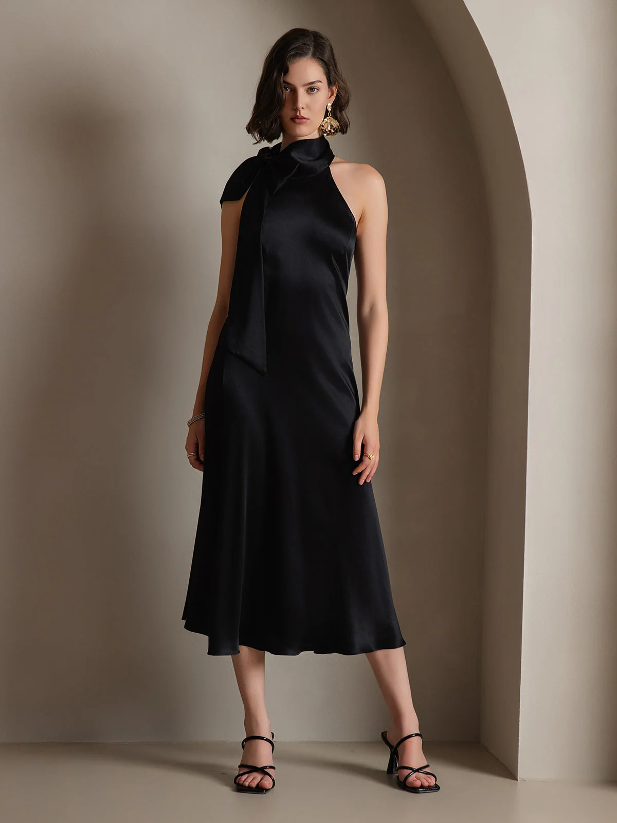 19Momme Silk Sleeveless Tie Neck Midi Dress - Image 17