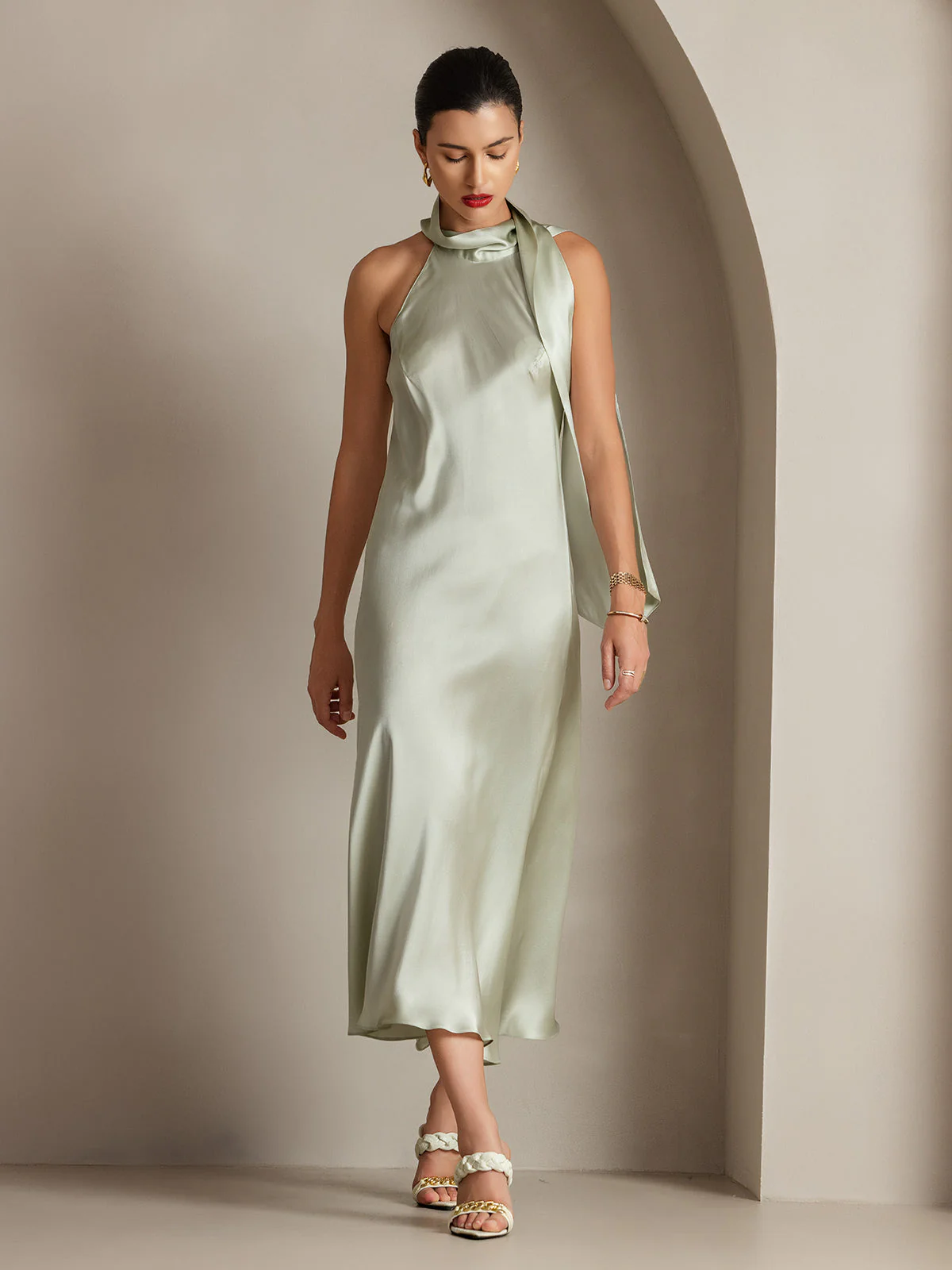 19Momme Silk Sleeveless Tie Neck Midi Dress - Image 18