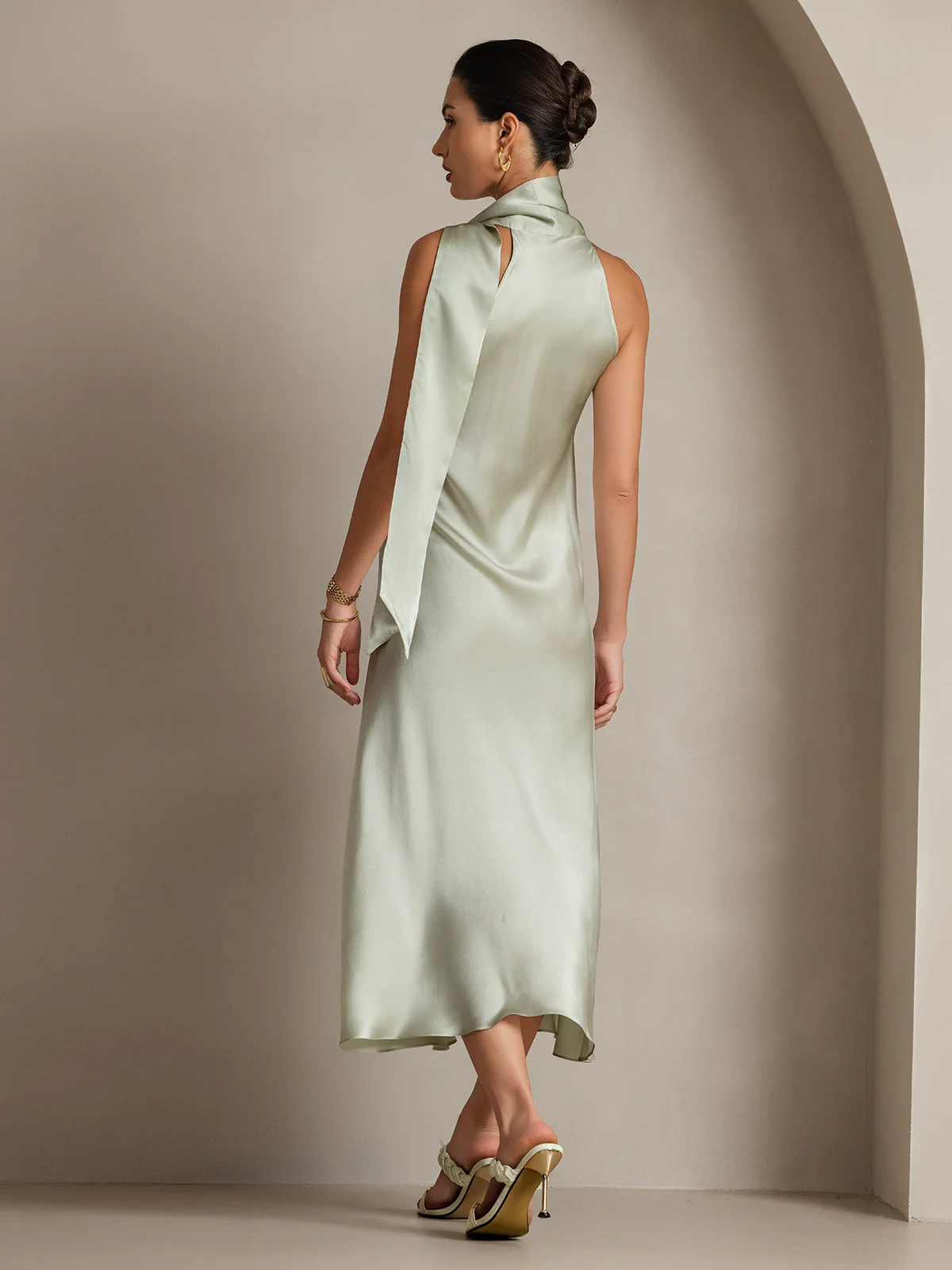 19Momme Silk Sleeveless Tie Neck Midi Dress - Image 19