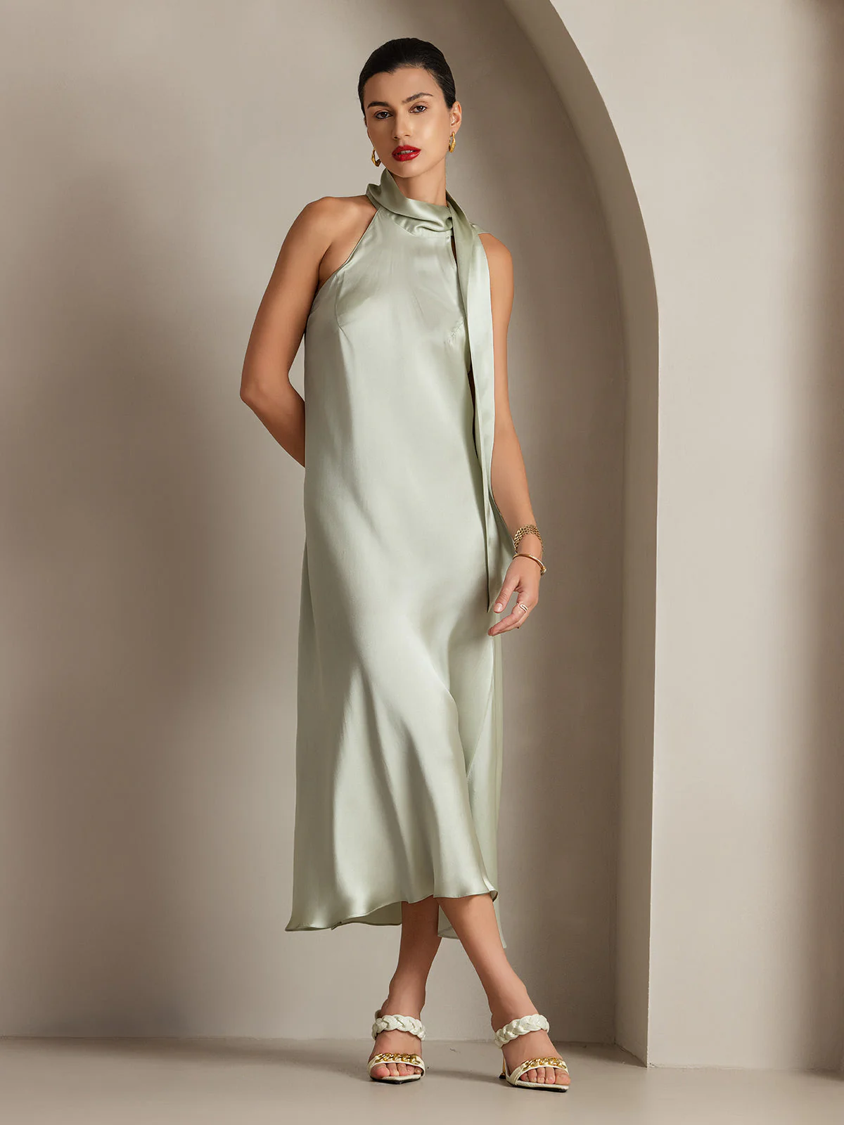 19Momme Silk Sleeveless Tie Neck Midi Dress - Image 20