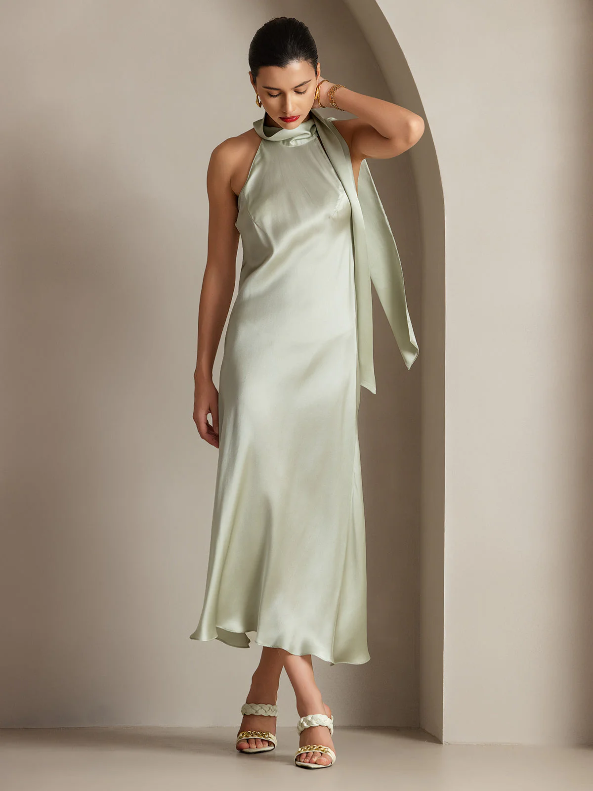 19Momme Silk Sleeveless Tie Neck Midi Dress - Image 22