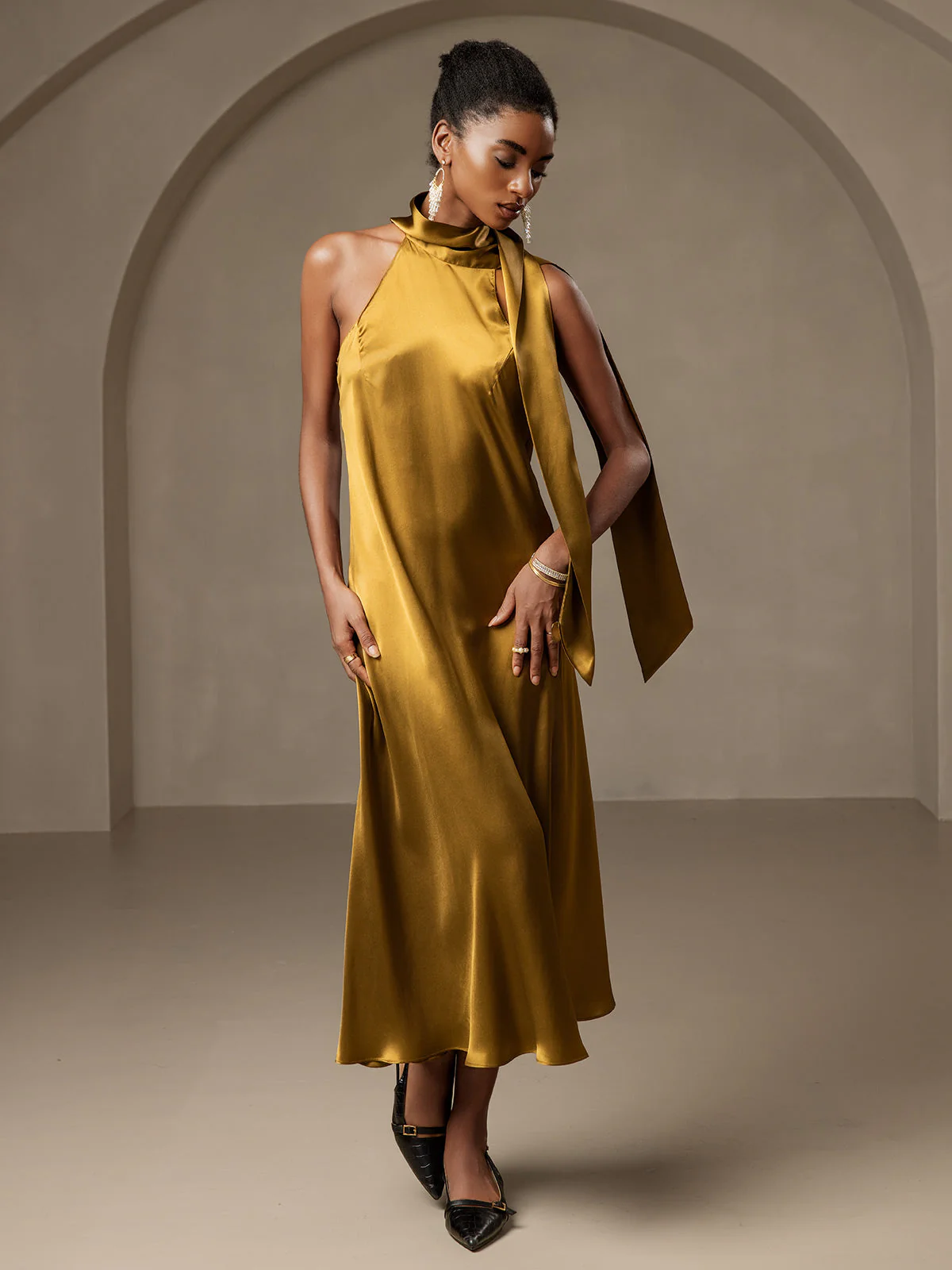 19Momme Silk Sleeveless Tie Neck Midi Dress - Image 41