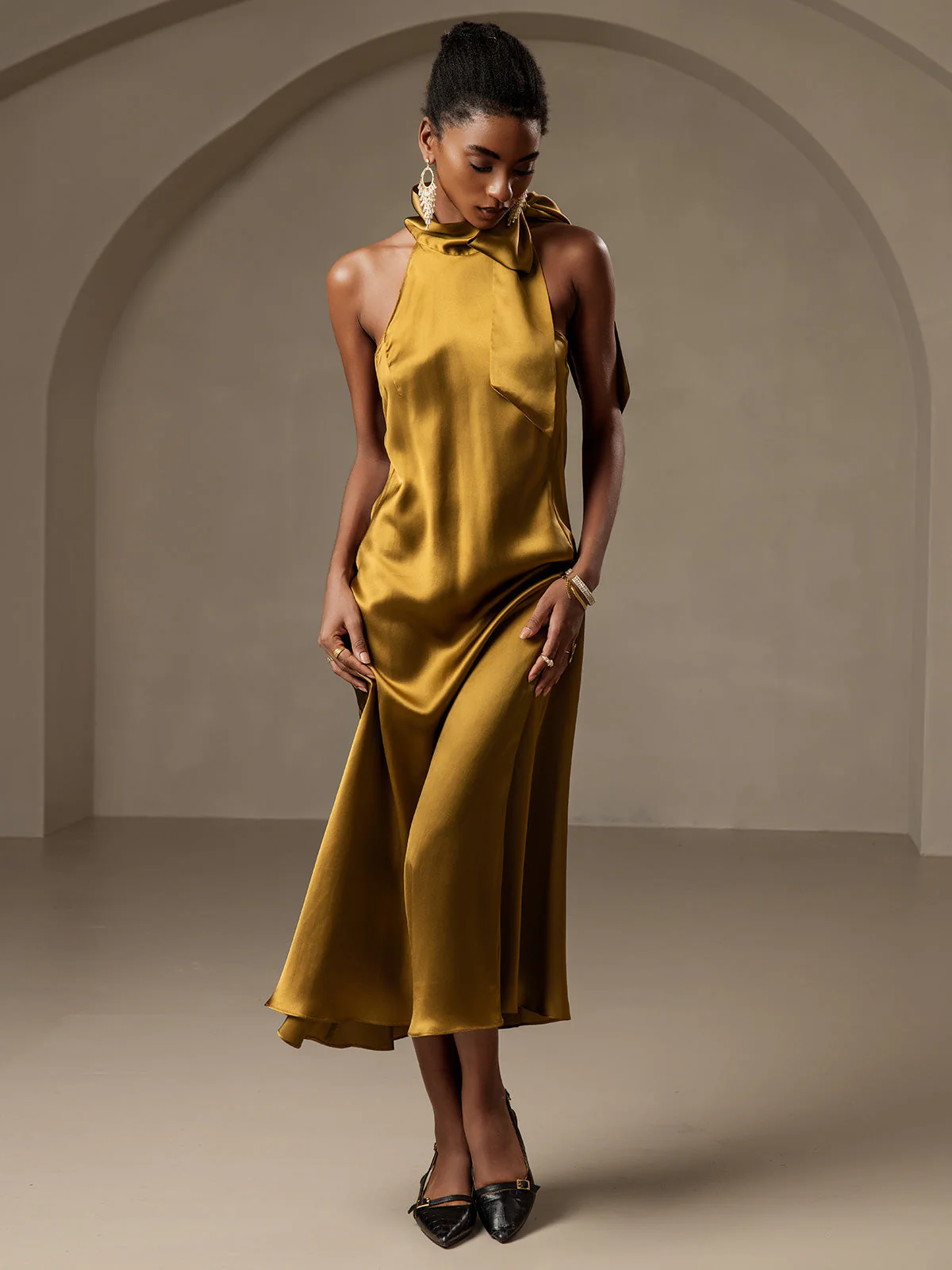 19Momme Silk Sleeveless Tie Neck Midi Dress - Image 45