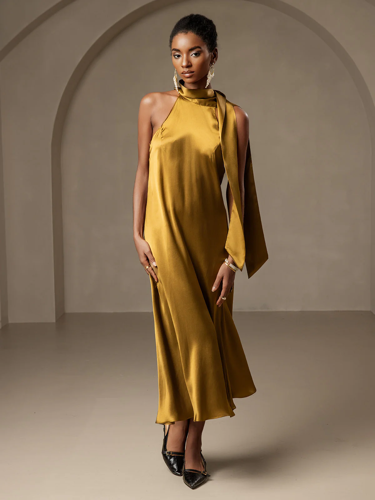 19Momme Silk Sleeveless Tie Neck Midi Dress - Image 46