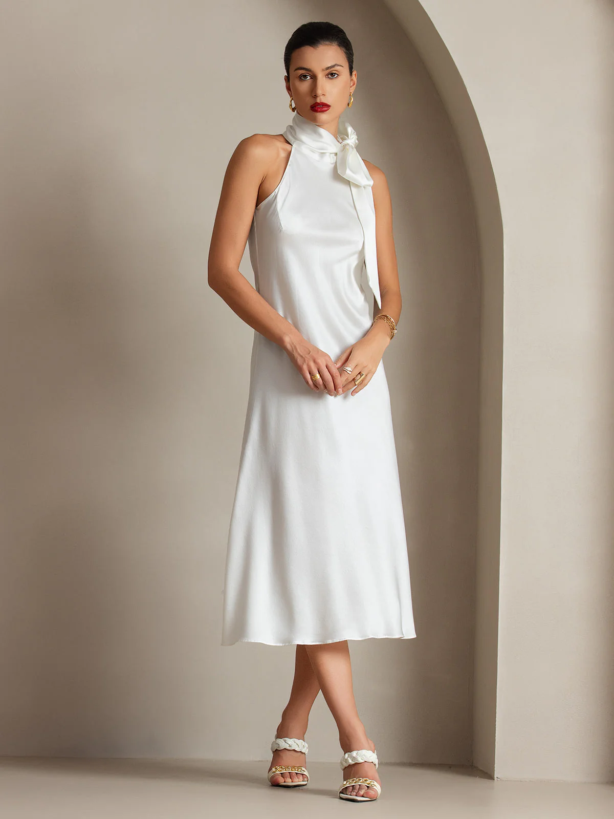 19Momme Silk Sleeveless Tie Neck Midi Dress - Image 60