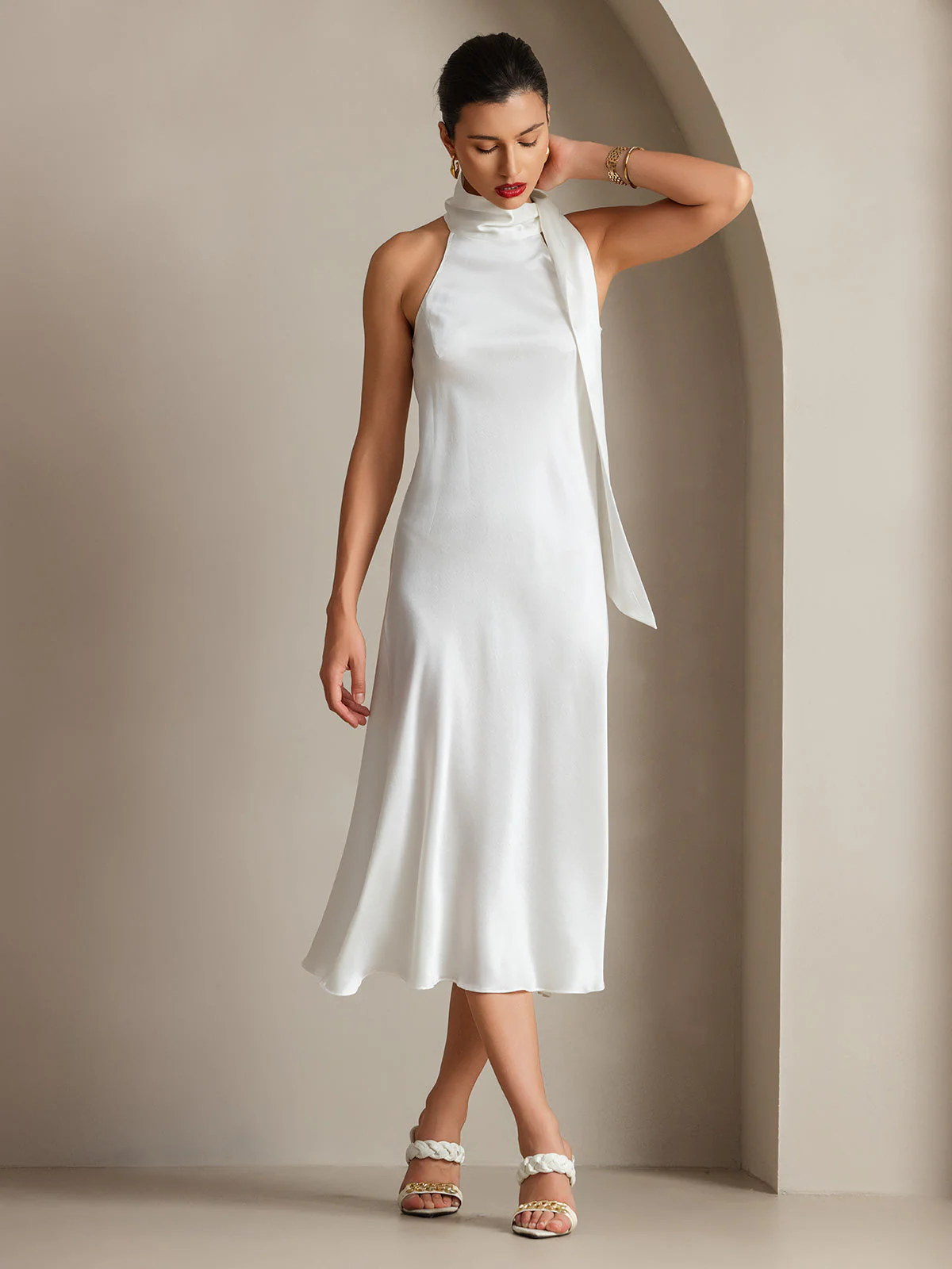 19Momme Silk Sleeveless Tie Neck Midi Dress - Image 62