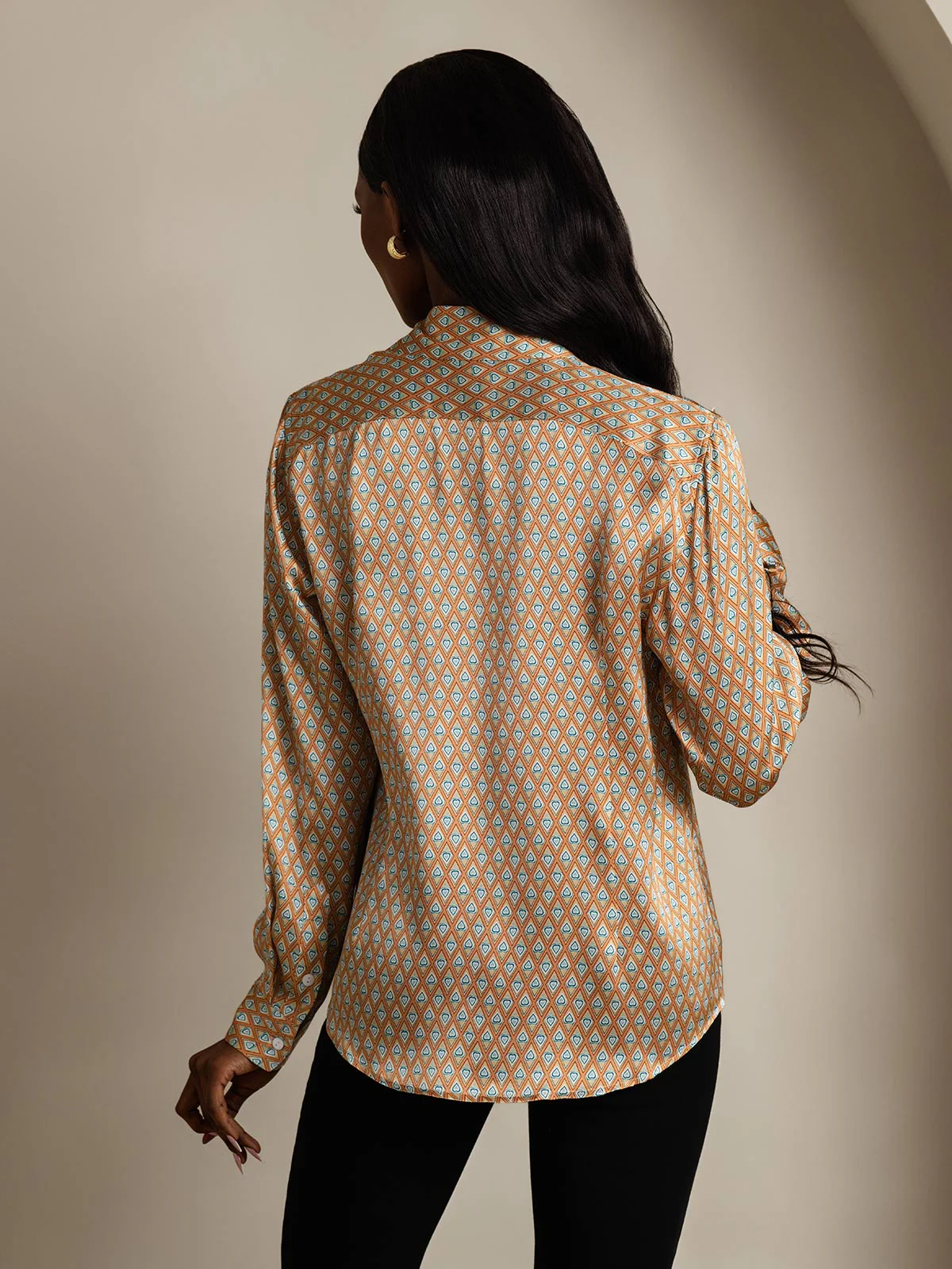 19Momme Silk Geometric Print Long Sleeve Lapel Collar Women's Shirt - Image 2