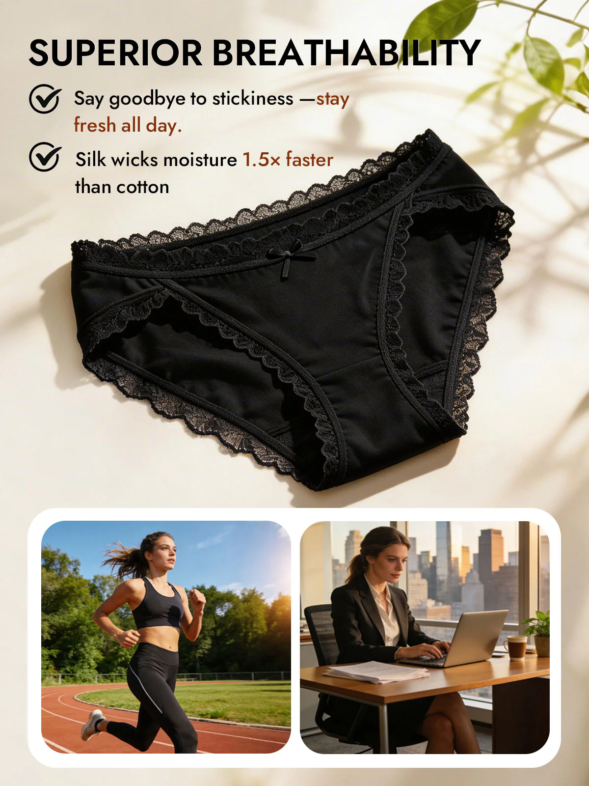 100% Mulberry Silk Lace Trim Bikini Panty with Bow Design - Image 13