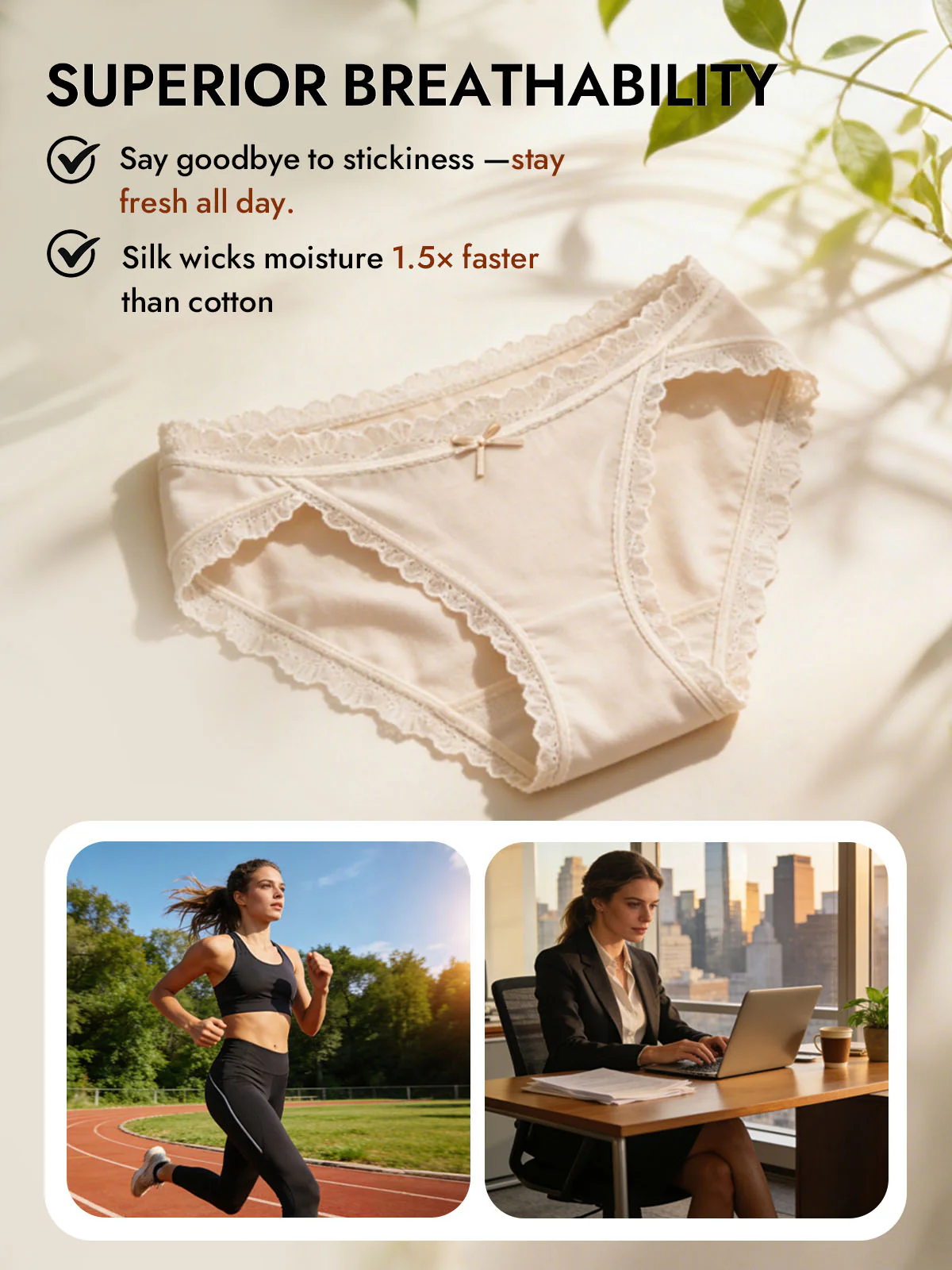 100% Mulberry Silk Lace Trim Bikini Panty with Bow Design - Image 4